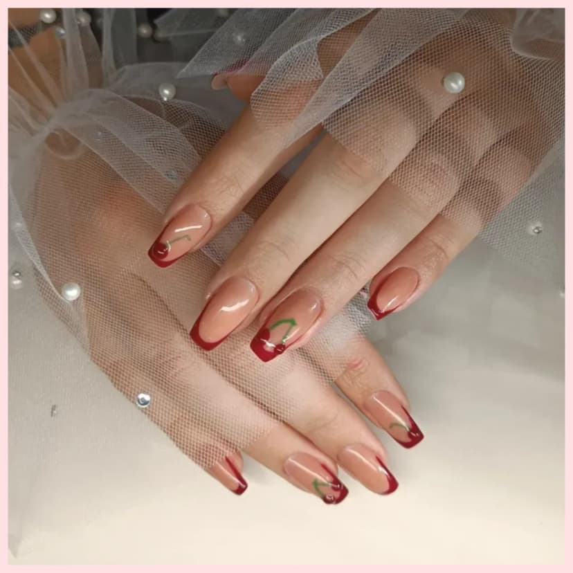 Nokti srednje dužine u obliku balerine sa crvenim francuskim vrhovima i trešnjama — Beauty room Sofija, Voždovac