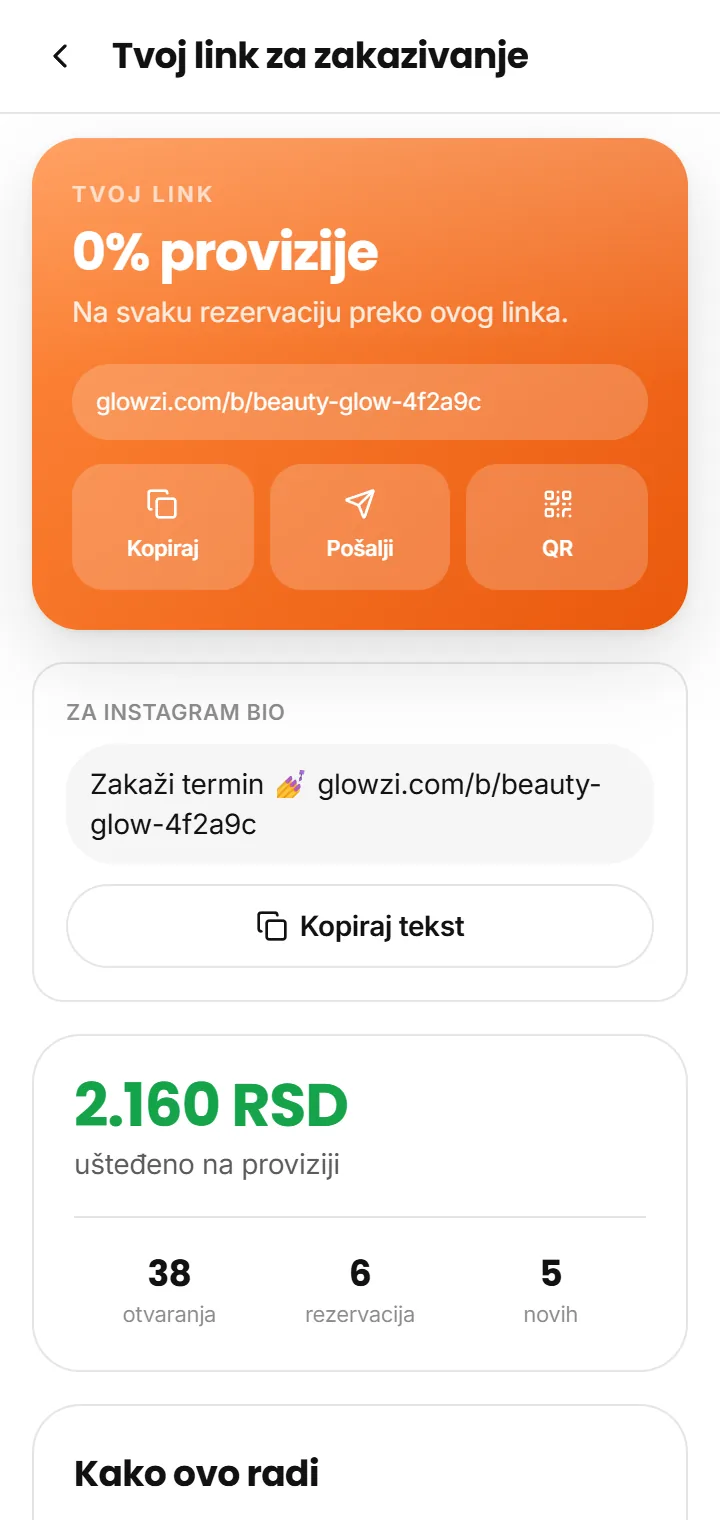 Ekran Tvoj link za zakazivanje: 0% provizije, dugmad Kopiraj, Pošalji i QR