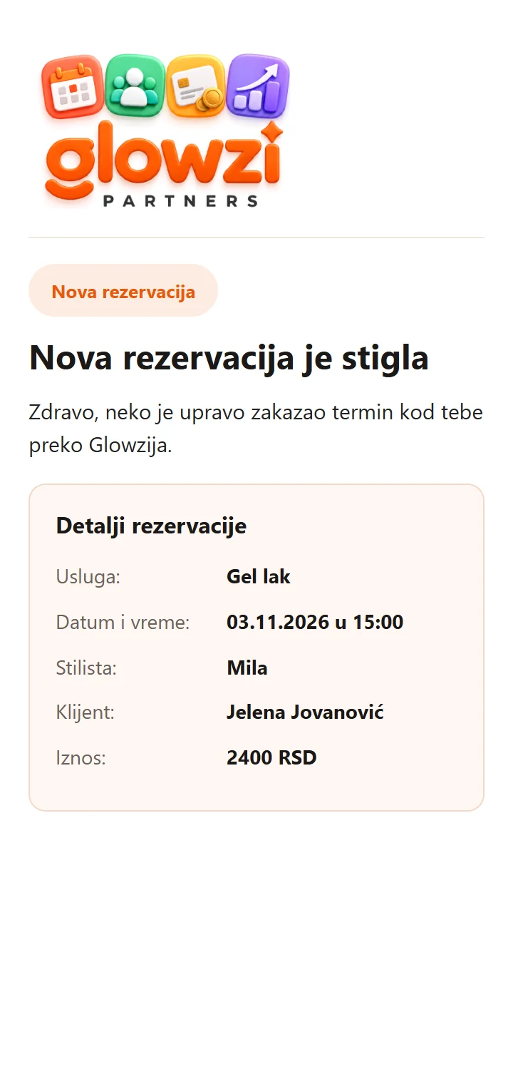 Mejl Nova rezervacija je stigla koji salon dobija: gel lak, 03.11.2026 u 15:00, Mila, Jelena Jovanović, 2400 RSD