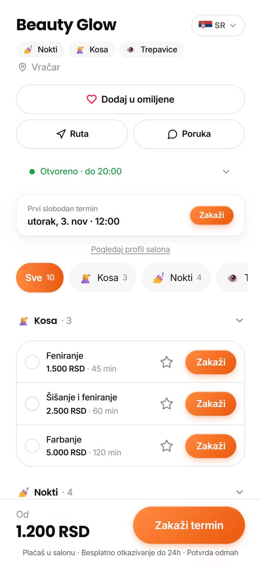Stranica za zakazivanje na telefonu: prvi slobodan termin i usluge sa cenama